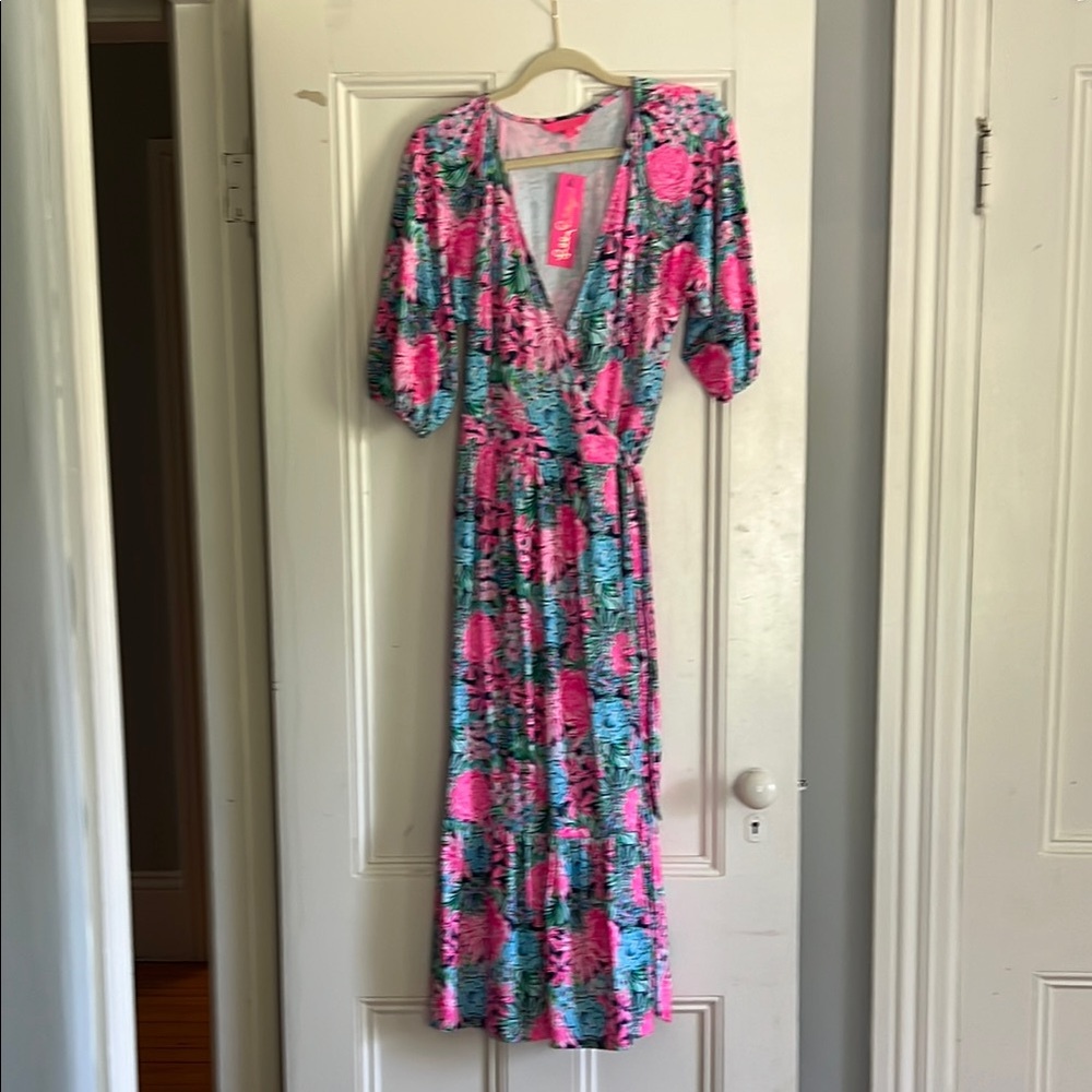 Lilly Pulitzer Pink and Blue Puff Sleeve Midi Sundress